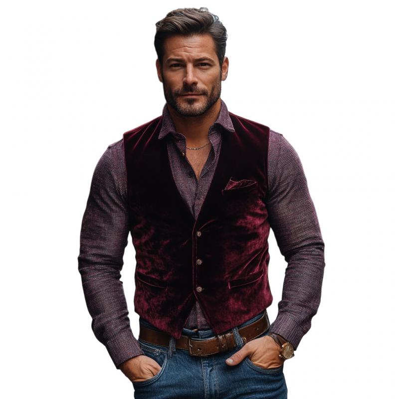 Men's Vintage Velvet V-neck Single-breasted Slim Vest 79289311M