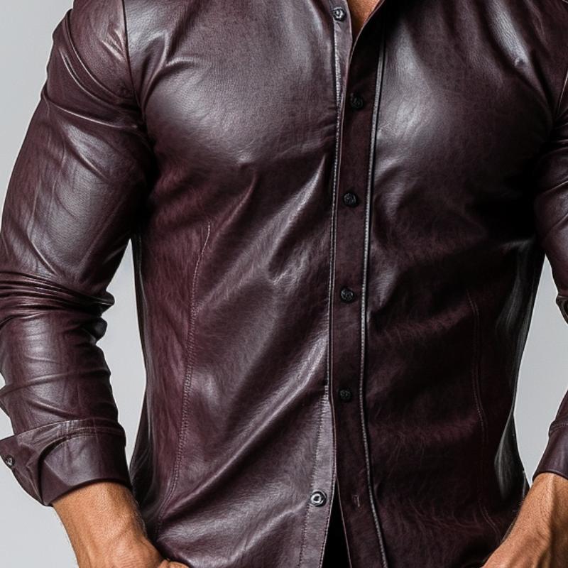 Men's Fashion Solid Color Lapel Slim Fit Long Sleeve Leather Shirt 82672488Y