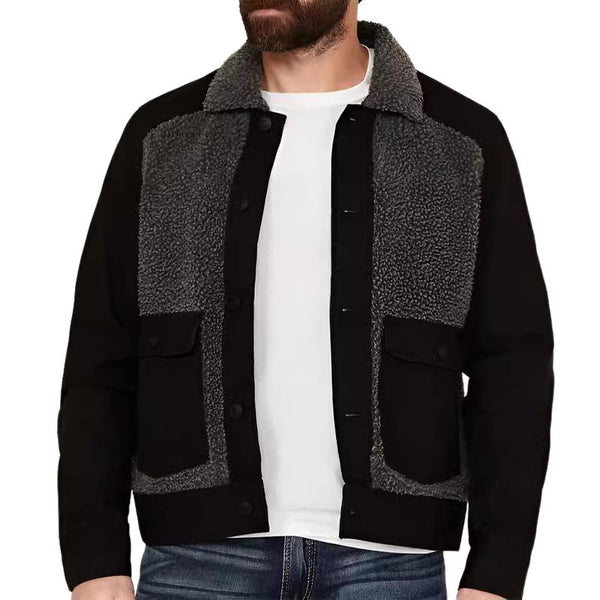 Men's Casual Lapel Single-breasted Lambskin Patchwork Woolen Jacket 15204421F