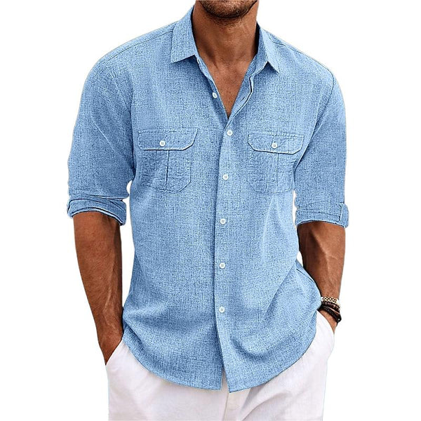 Men's Casual Cotton Linen Lapel Flap Pocket Slim Fit Long Sleeve Shirt 66252493M