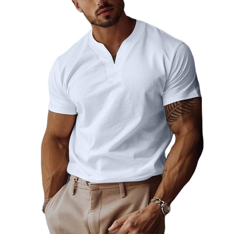 Men's Solid Color Elastic V-Neck Slim Fit Short-Sleeved T-Shirt 68172151Y