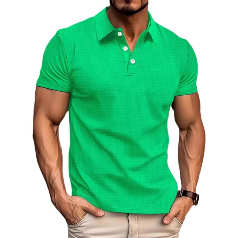 Men's Casual Waffle Lapel Button-Down Short Sleeve Polo Shirt 21824374M