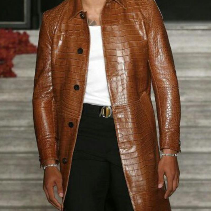 Men's Vintage Mid-length Lapel Croc-effect Leather Coat 35477830F