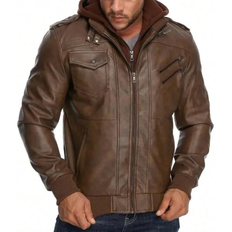 Men's Vintage Leather Hooded Double Zip Slim Fit Motorcycle Jacket 72254027M