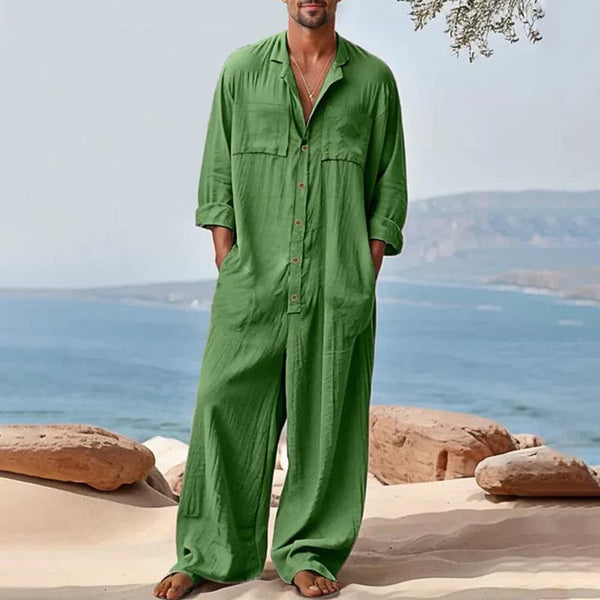 Men's Solid Color Cotton And Linen Lapel Long Sleeve Jumpsuit 12970610Z
