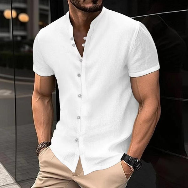 Men's Casual Cotton Linen Stand Collar Slim Fit Short-sleeved Shirt 87155535M