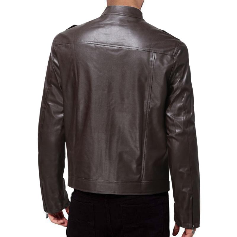 Men's Classic Stand Collar Double Pocket Leather Jacket 82375114F