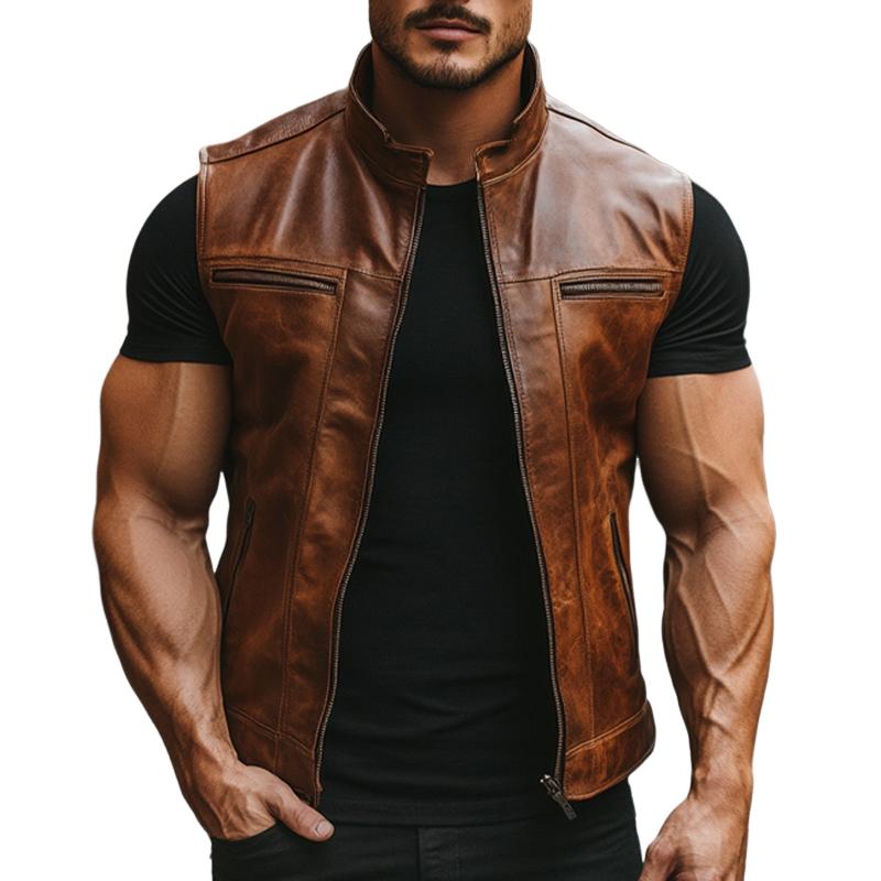 Men's Vintage Stand Collar Zipper Leather Vest 31819047U