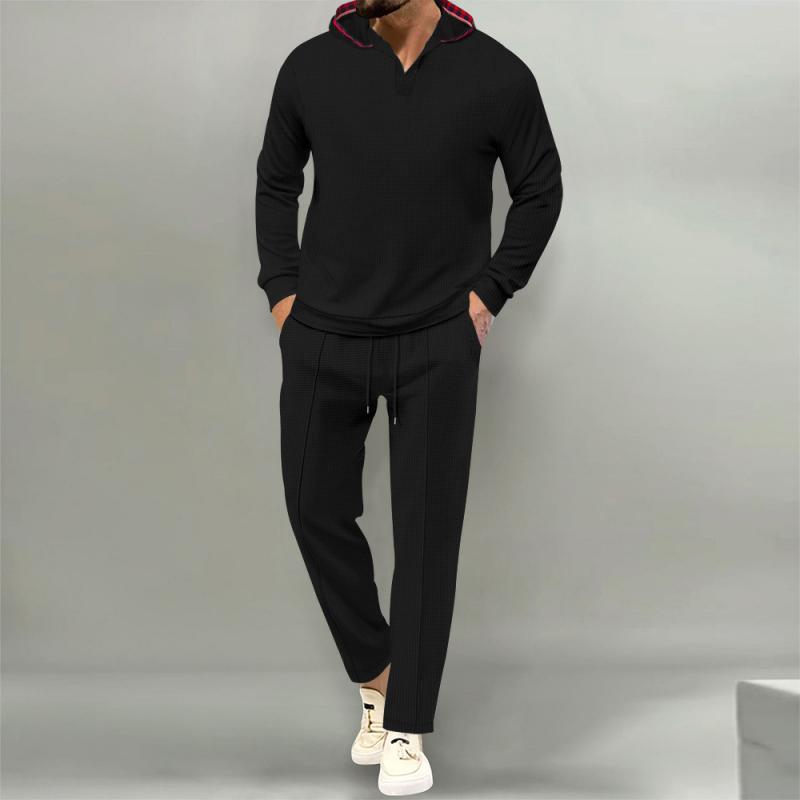 Men's Casual Waffle Patchwork Loose Hoodie Sports Pants Set 55791566M