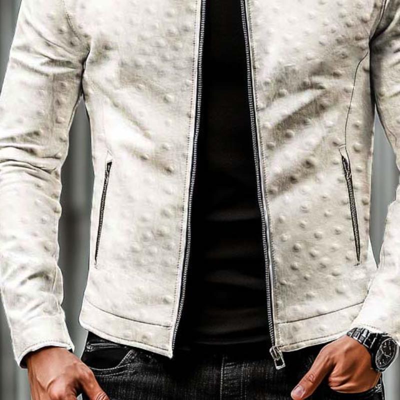 Men's Classic Casual Slim Fit Stand Collar Textured Leather Jacket 77367727K