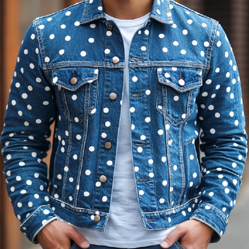 Men's Casual Lapel Polka Dot Denim Jacket 32143198F