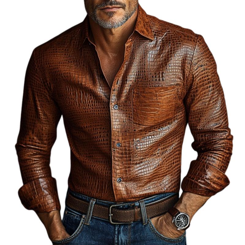 Men's Vintage Distressed Lapel Textured Leather Shirt 95619115F