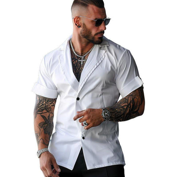 Men's Solid Color Short Sleeve Suit Collar Shirt 62033213X
