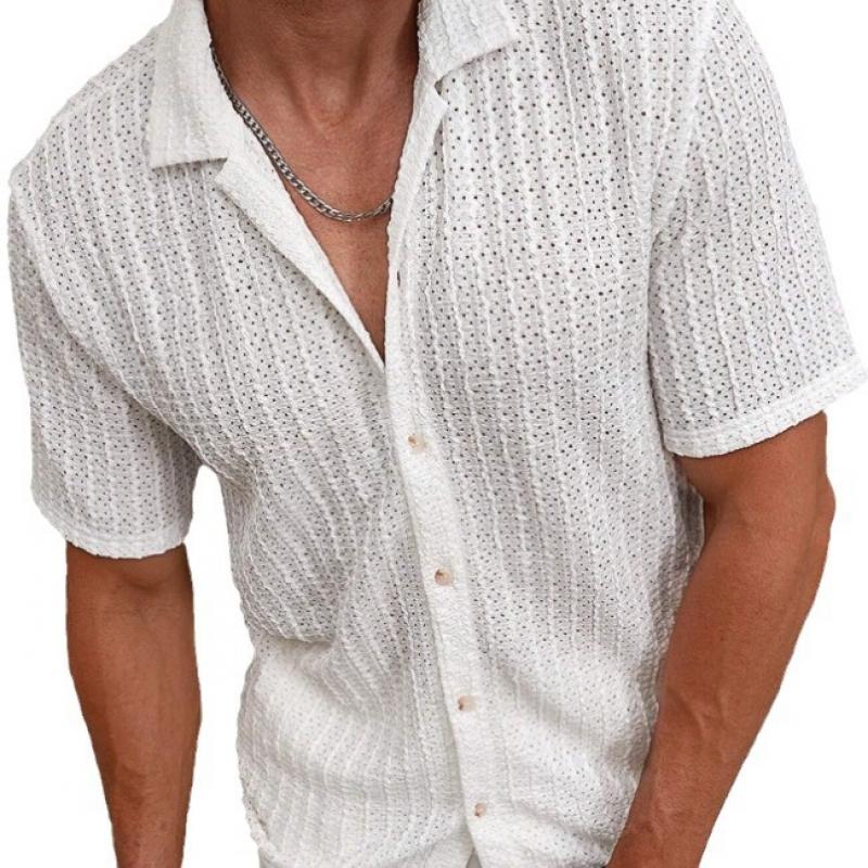 Men's Casual Solid Color Textured Cuban Collar Short-Sleeved Shirt 19172608Y
