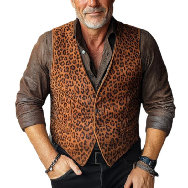 Men's Vintage Suede Leopard Print V-Neck Single Breasted Vest 62339023Y