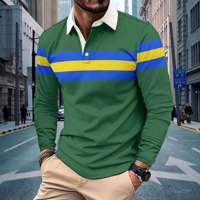 Men's Retro Striped Colorblock Button Lapel Long Sleeve Polo Shirt 92967913Y