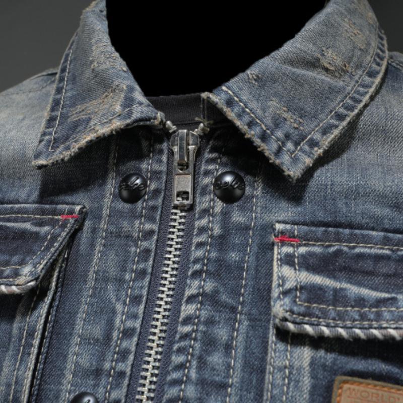 Men's Vintage Washed Slim Fit Zip-Up Denim Motorcycle Jacket 11233018M