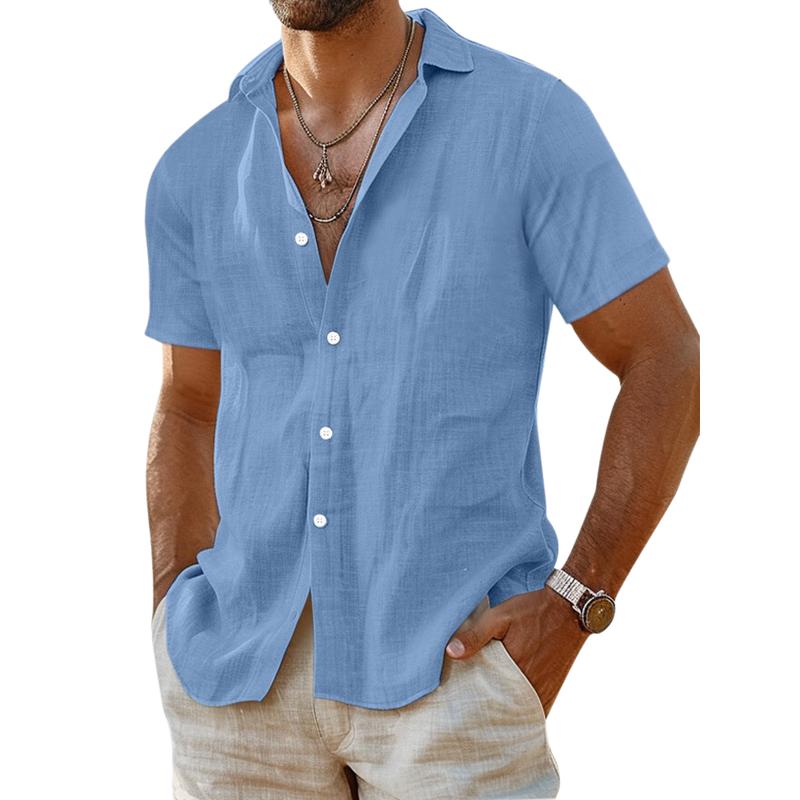 Men's Casual Cotton Linen Solid Color Lapel Slim Short Sleeve Shirt 40996443M