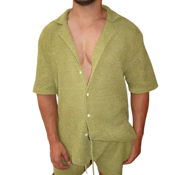 Men's Casual Breathable Mesh Lapel Shirt Loose Shorts Home Set 94639236M