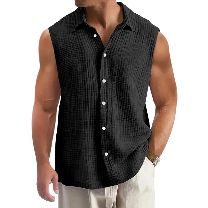 Chemise sans manches à revers en coton et lin pour homme 83758244Y