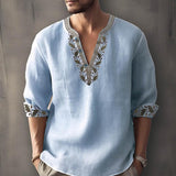Men's Print Trim V Neck Loose Cotton And Linen Shirt 73330841Z