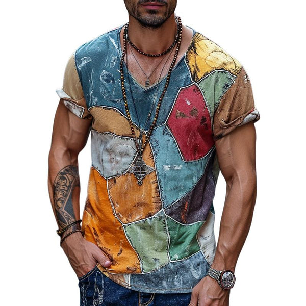 Men's Casual V-neck Color Block Printed Short-sleeved T-shirt 15655928M