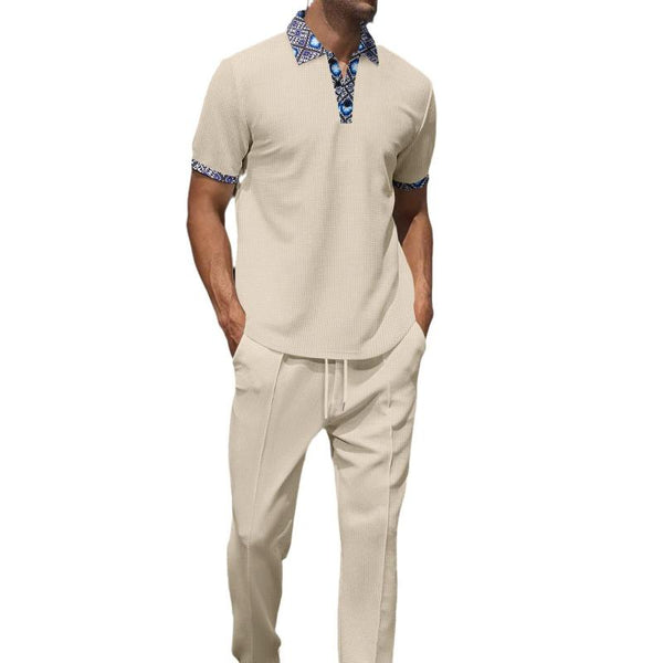 Men's Colorblock Printed Waffle Short-Sleeved Polo Shirt And Trousers Set 85657447Y