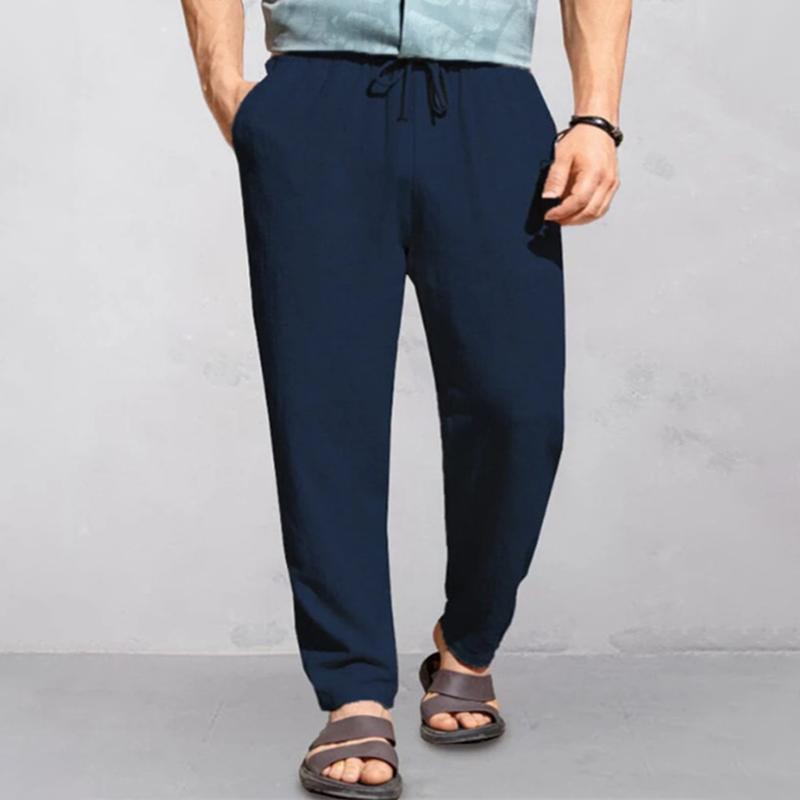 Men's Solid Color Cotton And Linen Loose Elastic Waist Casual Pants 43076262Z