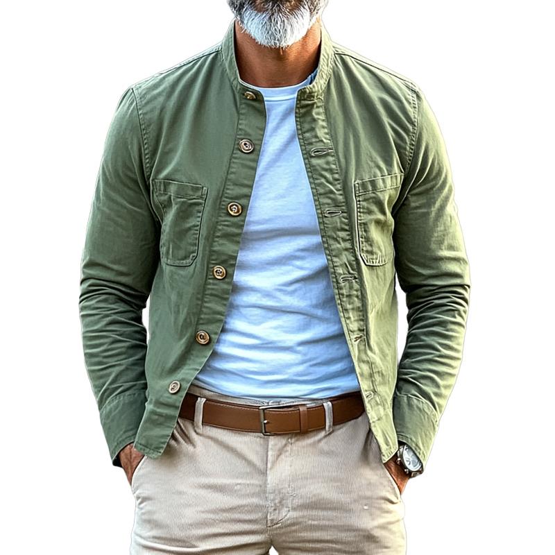 Men's Retro Solid Color Stand Collar Chest Pocket Single Breasted Cargo Jacket 58167956Z