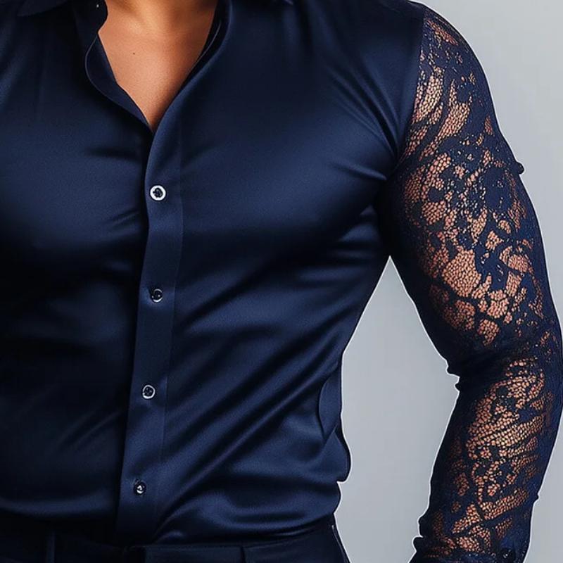 Men's Fashion Satin Lace Slim Fit Long Sleeve Shirt 11824392Y