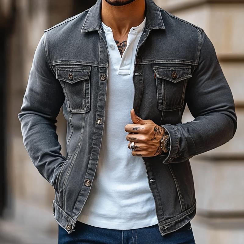 Men's Fashion Lapel Chest Pocket Single Breasted Denim Jacket 81942737Z