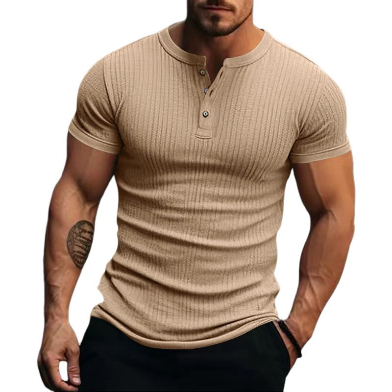 T-shirt Henley à manches courtes en tricot extensible décontracté pour hommes 00095453X