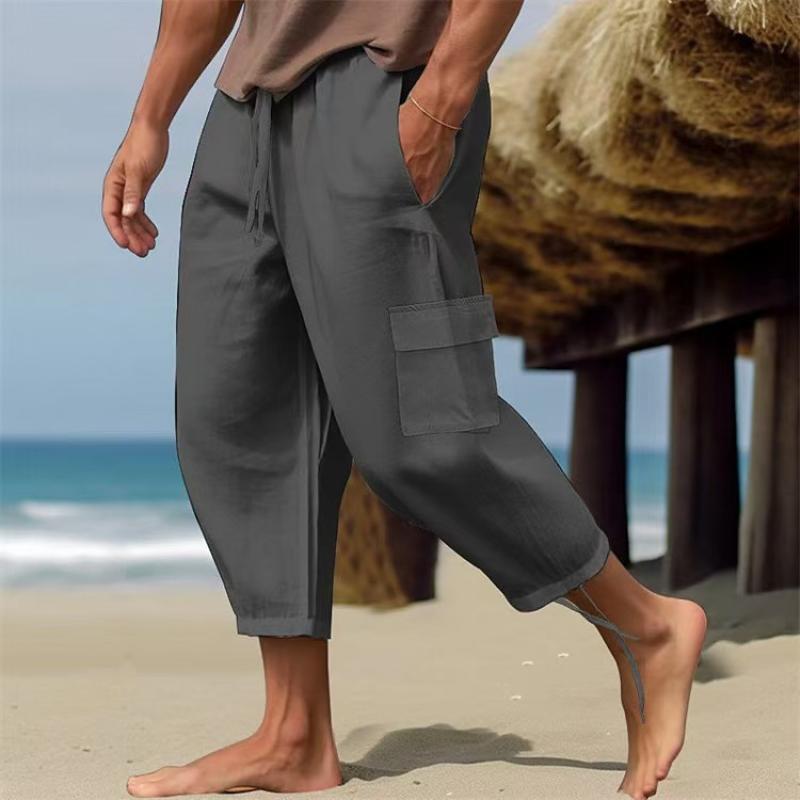 Men's Solid Loose Linen Elastic Waist Casual Pants 49392157Z