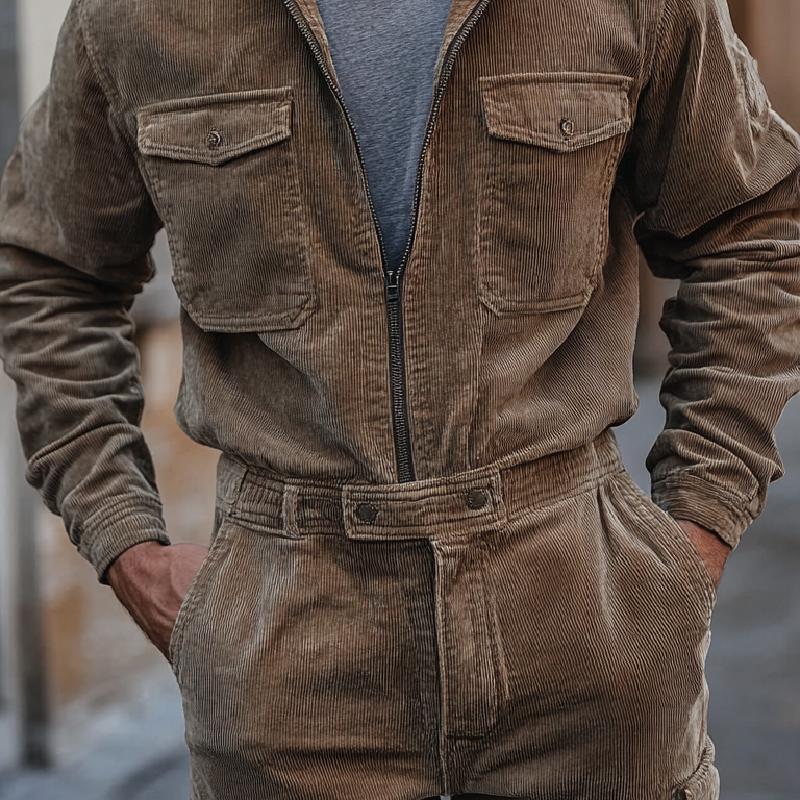 Men Fashion Lapel Zipper Multi-pocket Corduroy Cargo Jumpsuit 02626150Y