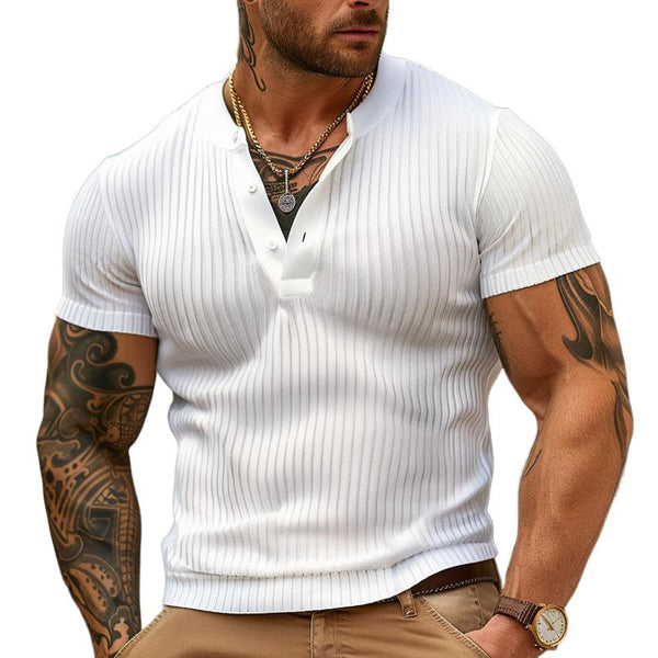 Men's Fashion Solid Striped Henley Collar Short Sleeve T-shirt 69387878Z