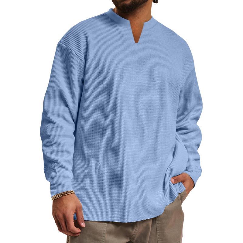 Men's Casual V-neck Waffle Loose Long Sleeve T-shirt 30473989M