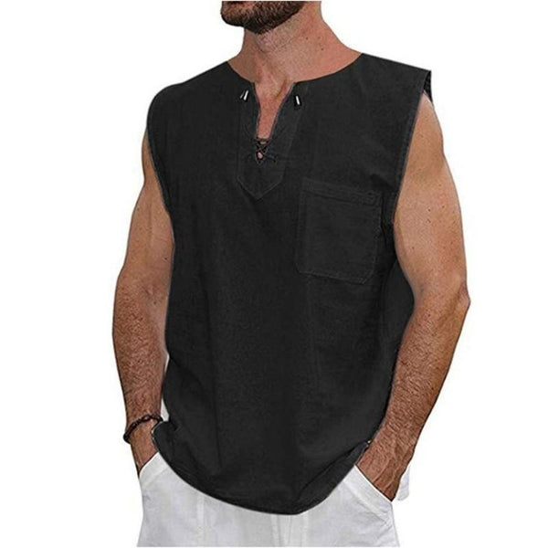 Men's Casual Cotton Linen Drawstring Sleeveless Shirt 59252738TO