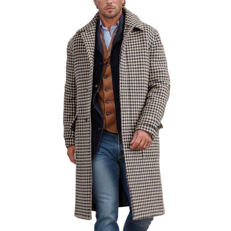 Men's Fashion Houndstooth Lapel Single Breasted Long Coat 85231554Z