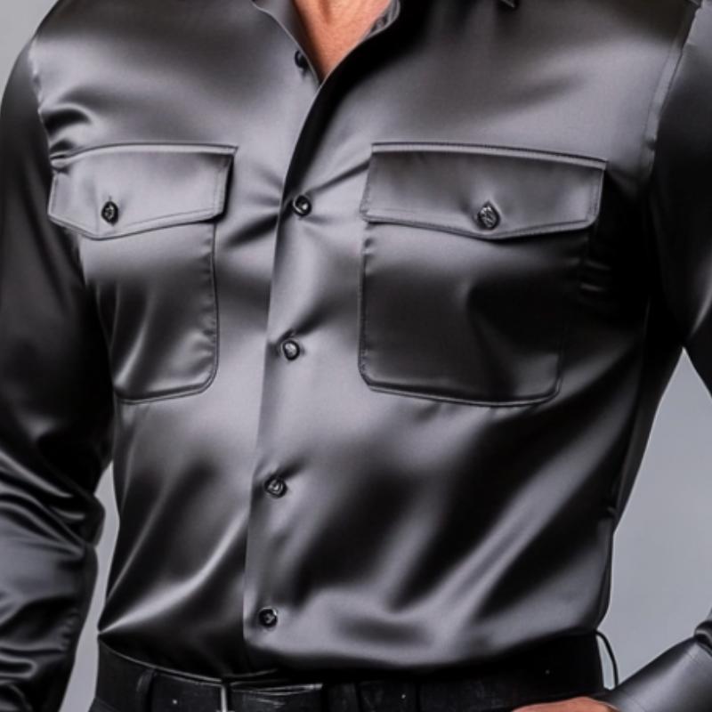 Men's Fashion Satin Double Chest Pockets Long Sleeve Shirt 63195733Y