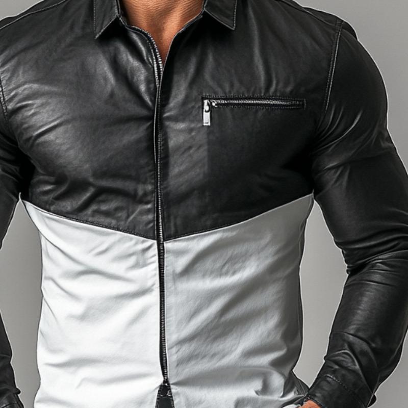 Men's Fashion Colorblock Lapel Zipper Slim Fit Long Sleeve Leather Shirt 37990195Y