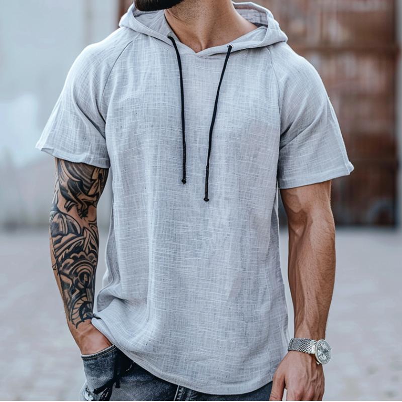 Men's Casual Cotton Linen Blended Slim Fit Short-sleeved Hoodie 54031752M