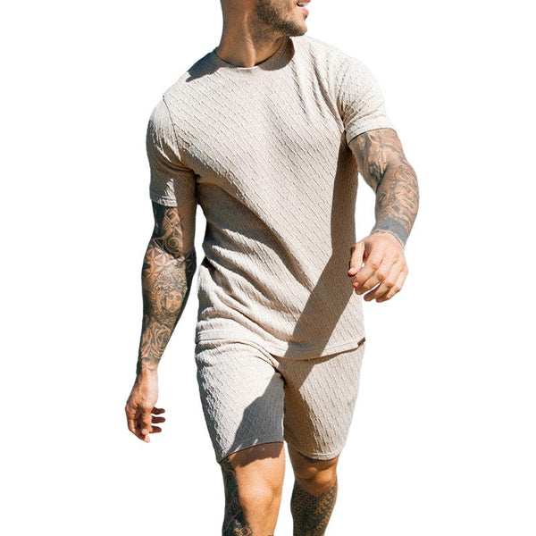 Men's Casual Sports Solid Color Pleated Short-Sleeved T-Shirt Shorts Set 73648645Y