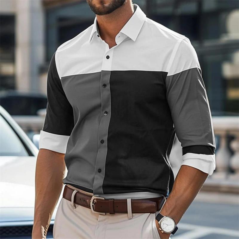 Men's Casual Colorblock Print Lapel Long Sleeve Shirt 81573549Y