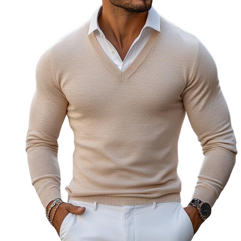 Men's Retro Casual Solid Color V-Neck Fake Two-Piece Sweater 78777168TO