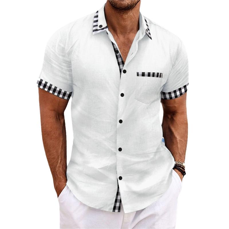 Chemise à manches courtes en coton et lin à carreaux pour homme avec poche poitrine et patchwork 52418556Y