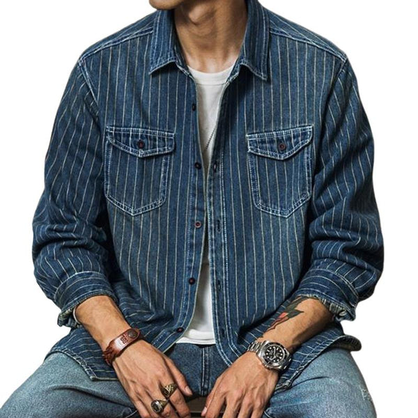 Men's Vintage Denim Long Sleeve Striped Shirt 09569443U