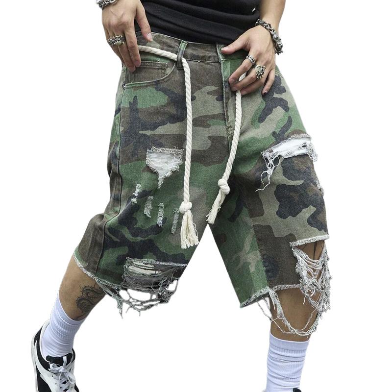 【24-hour shipping】Men's Camouflage Washed Ripped Cropped Trousers 68286396Y