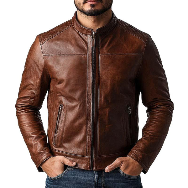 Men's Classic Vintage Casual Zip-Up Leather Jacket 20113466K