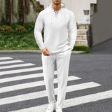 Men's Casual Solid Color Waffle Loose Hoodie Sports Pants Set 18828417M