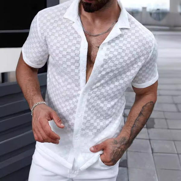 Men's Casual Solid Color Lace Lapel Short Sleeve Shirt 86252733TO